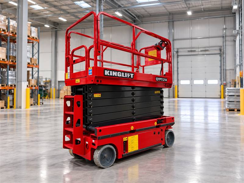 Электрический ножничный подъемник KINGLIFT QYPT1214 в складском помещении &mdash; иллюстрация применения
